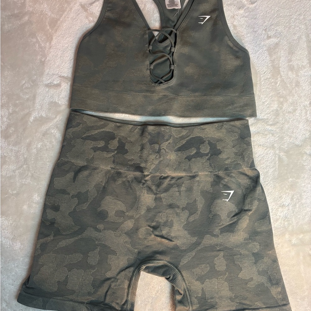 Gymshark Olive Camo Lace-Up Crop Sports Bra and High-Waist Shorts